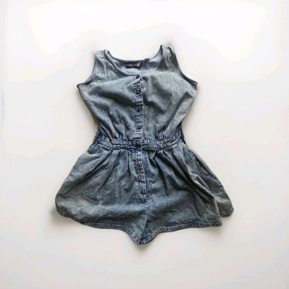 Vintage 80s Pinot Noir Denim Acid Wash Romper Shorts Jumper Medium w/Pockets